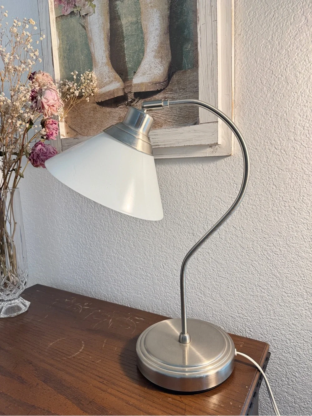 Vintage MCM IKEA Kroby Table Desk Lamp Milk Glass Brushed Nickle Finish